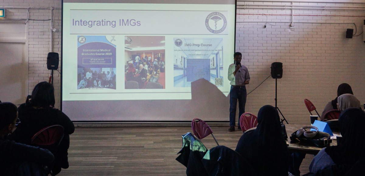 A talk on integrating international medical graduates, at a BSMA event