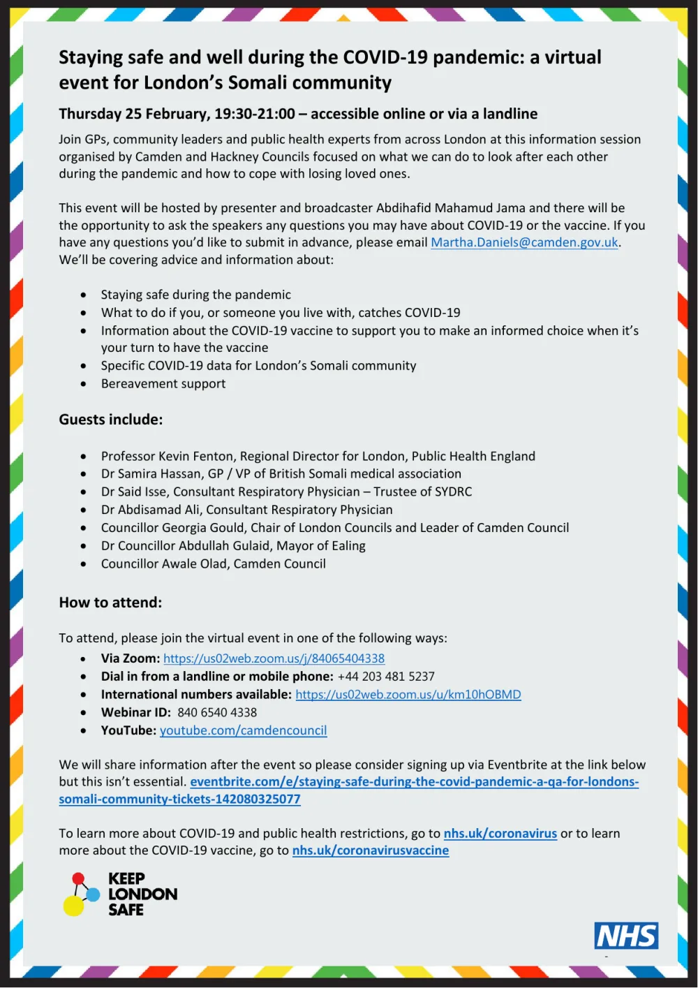 The invitation: Staying safe and well during the COVID-19 pandemic, a virtual event for London's Somali community, Thursday 25 February, 19:30 to 21:00, with the list of guests